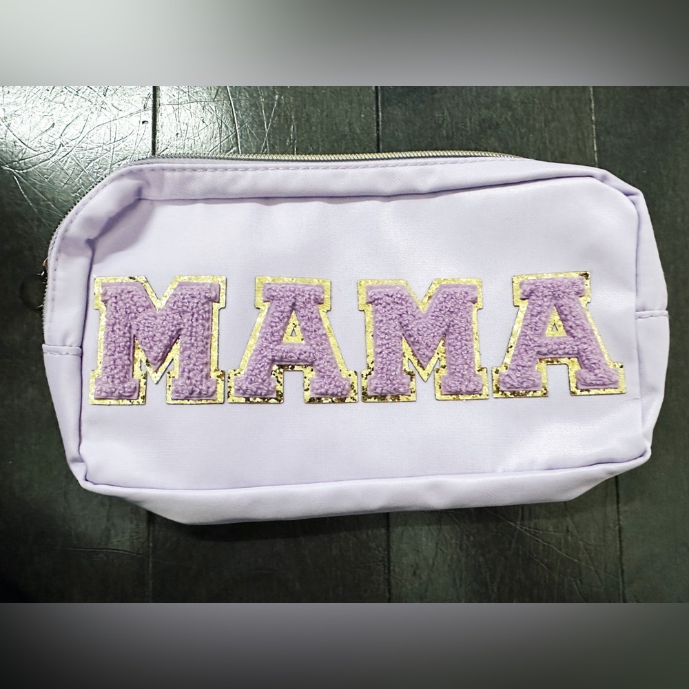 MAMA Chenille Letter Makeup Bag – Lilac Purple Nylon – Gold Trim